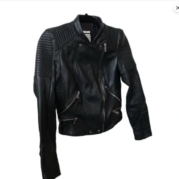 Zara TRF Quilted Motorcycle Black Crop Sheep Leather Silver Zip Size M Jacket. - Picture 3 of 9